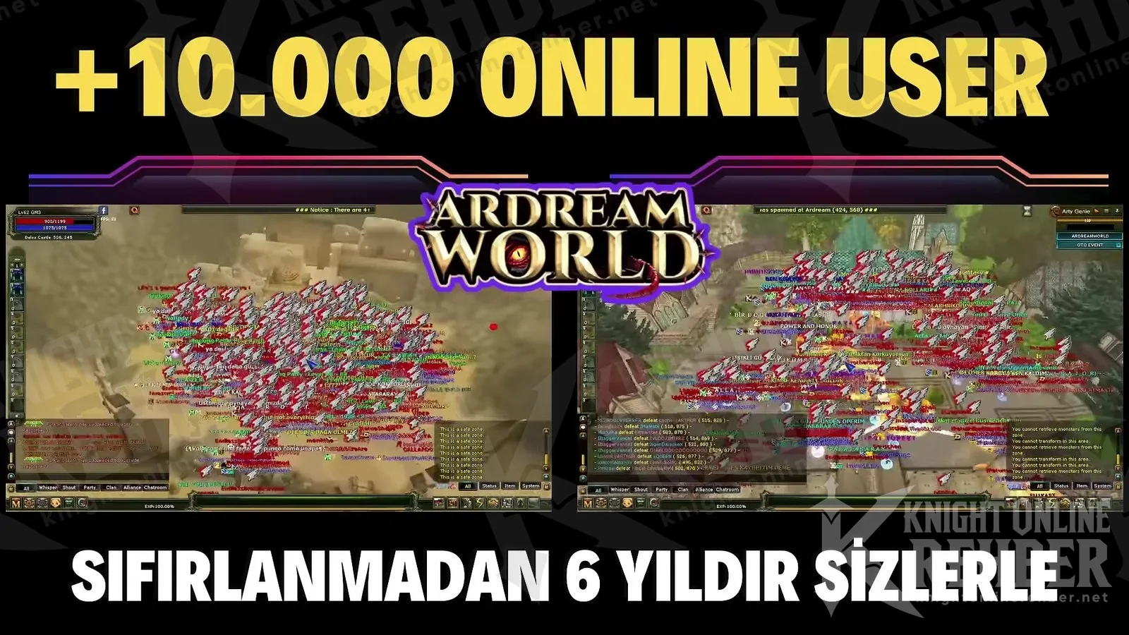 İki ekranda Ardream'de toplanmış yüzlerce oyuncu, üstte +10.000 online user yazısı