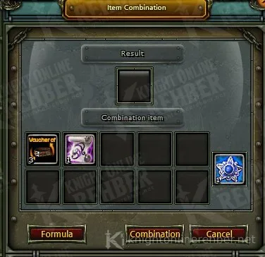 Item Combination penceresinde Voucher of Heroes' Valor ve takı scroll'u
